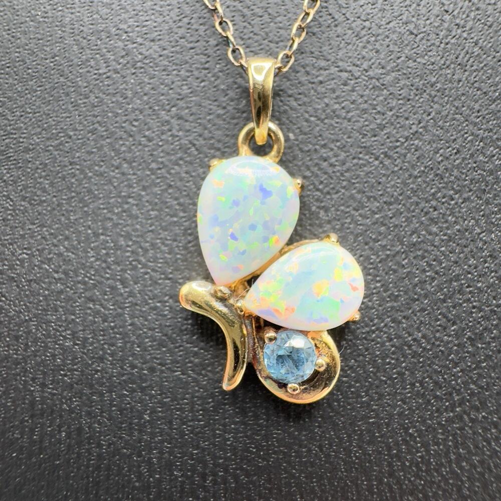 Opal Blue Topaz Butterfly Necklace 18K Vermeil Sterling Silver 18" Feminine